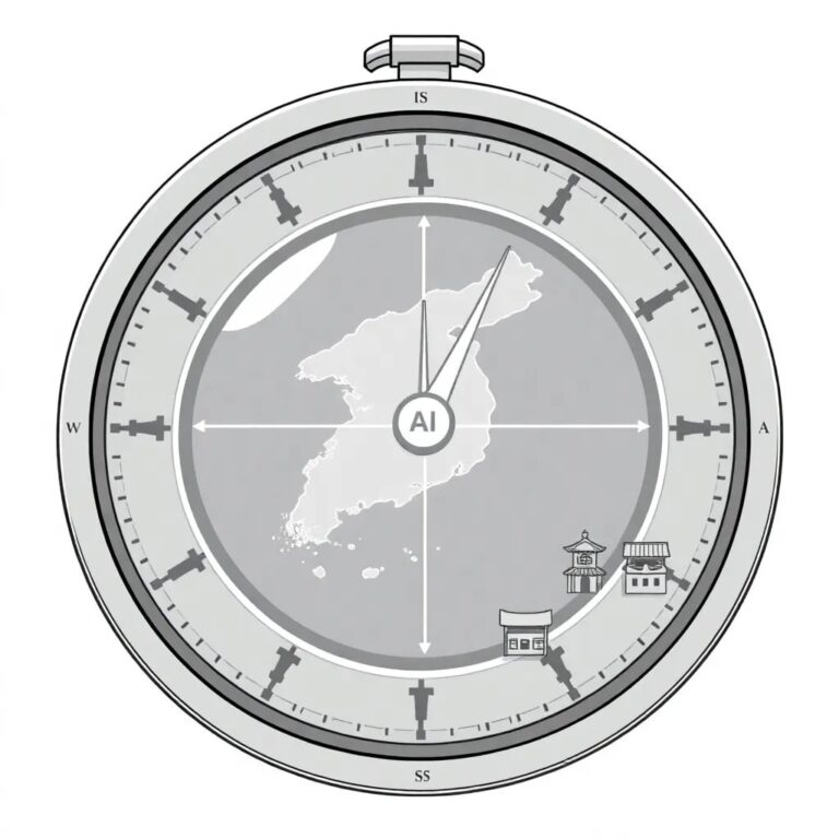 A futuristic compass with a digital display that shows a map of South Korea, where the needle points to a glowing AI chip embedded in the center, surrounded by miniature models of traditional Korean markets and factories.