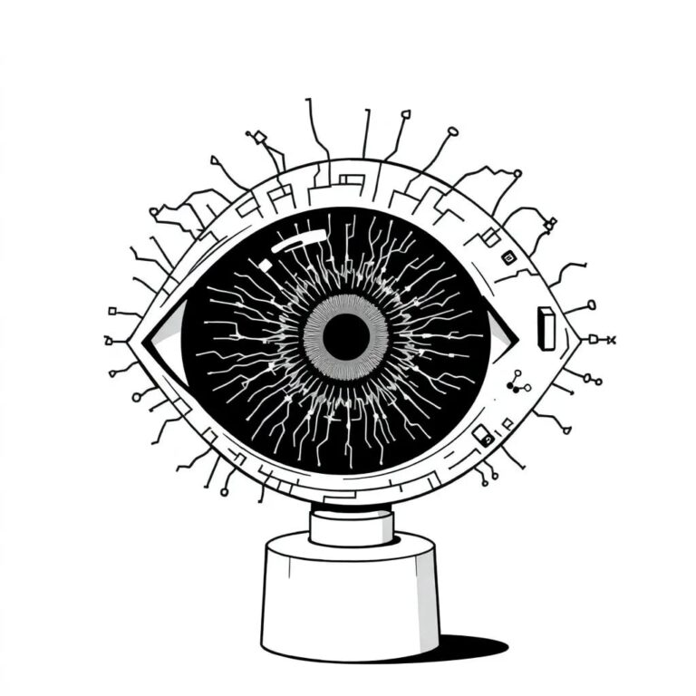 A cybernetic eye with a fractal iris, mounted on a pedestal, displaying a dynamic, ever-changing network of interconnected nodes and pathways.