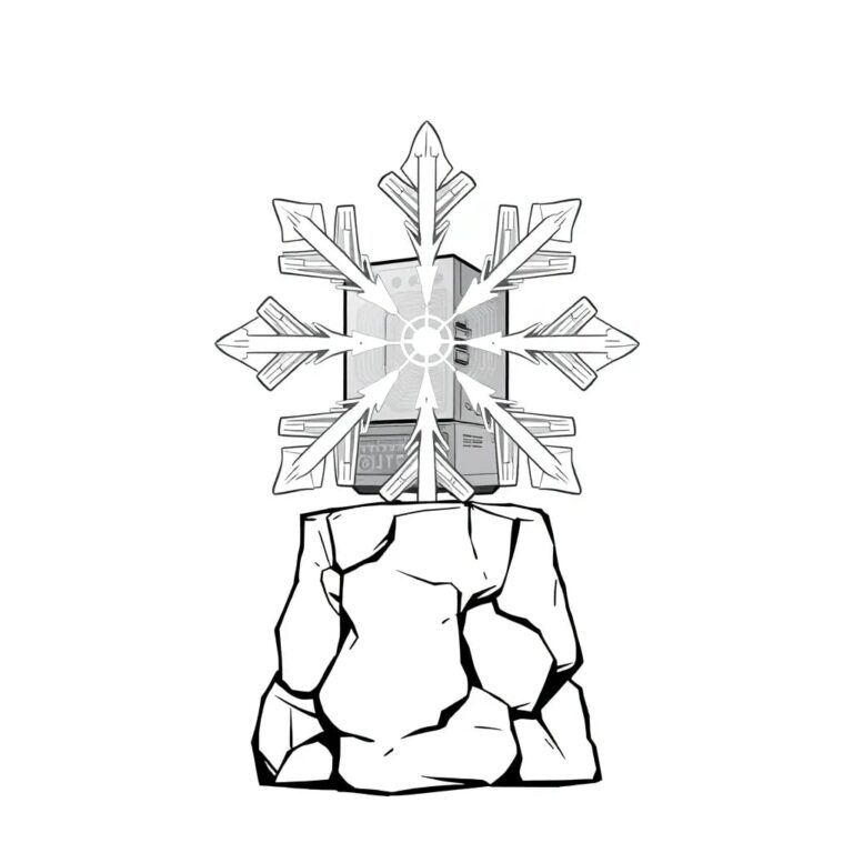 A crystal-clear snowflake-shaped data server, with intricate AI circuitry visible within, standing atop a sturdy, ancient bedrock pedestal.