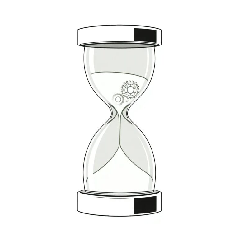 A digital hourglass with interlocking gears and a glowing, pulsating core, where the sand flows between two transparent, AI-infused chambers.