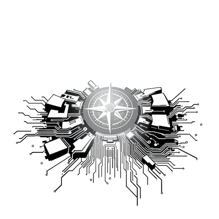 A shattered circuit board with a glowing, ethereal compass needle embedded in its center