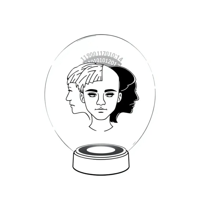A futuristic, transparent glass dome containing a swirling digital code that morphs into human-like faces and back again, with a small, blinking LED light at its base.