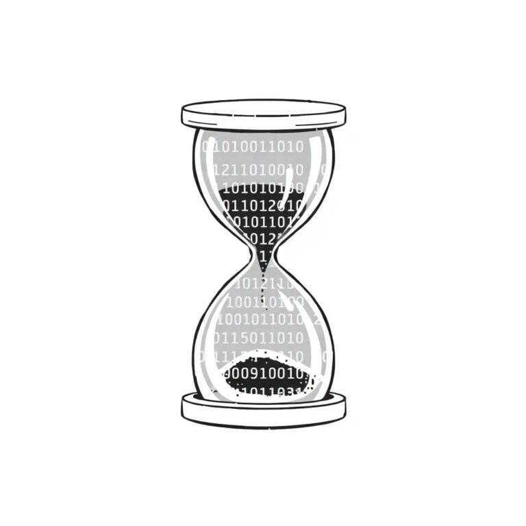 A digital hourglass filled with binary code instead of sand