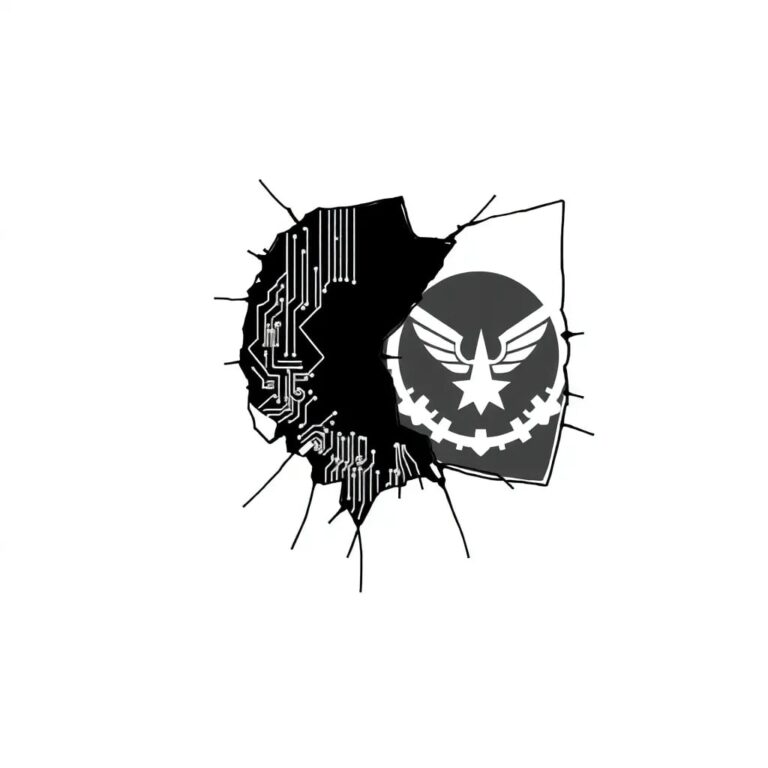 A shattered digital mirror reflecting both a circuit board and a military insignia