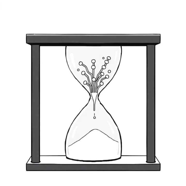 A futuristic, transparent AI neural network model encased in a glass hourglass, with sand flowing through it, representing the passage of time and the evolving regulatory landscape.