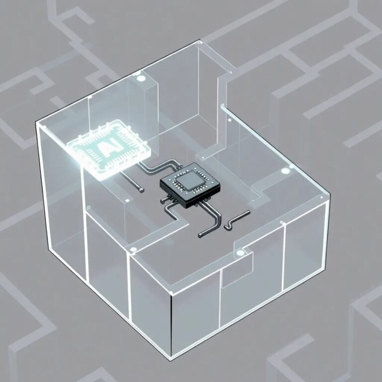 A intricately designed, transparent glass maze with a glowing AI chip navigating through it, symbolizing the complex pathways and decision-making processes of agentic AI systems under governance.