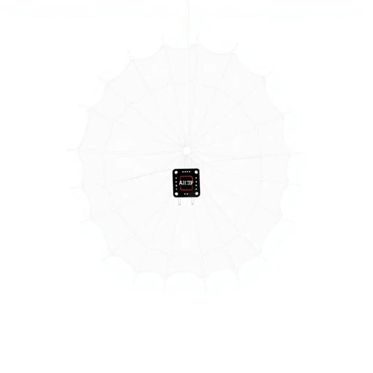 A delicate, intricately woven spider web with a small, glowing AI chip suspended in its center