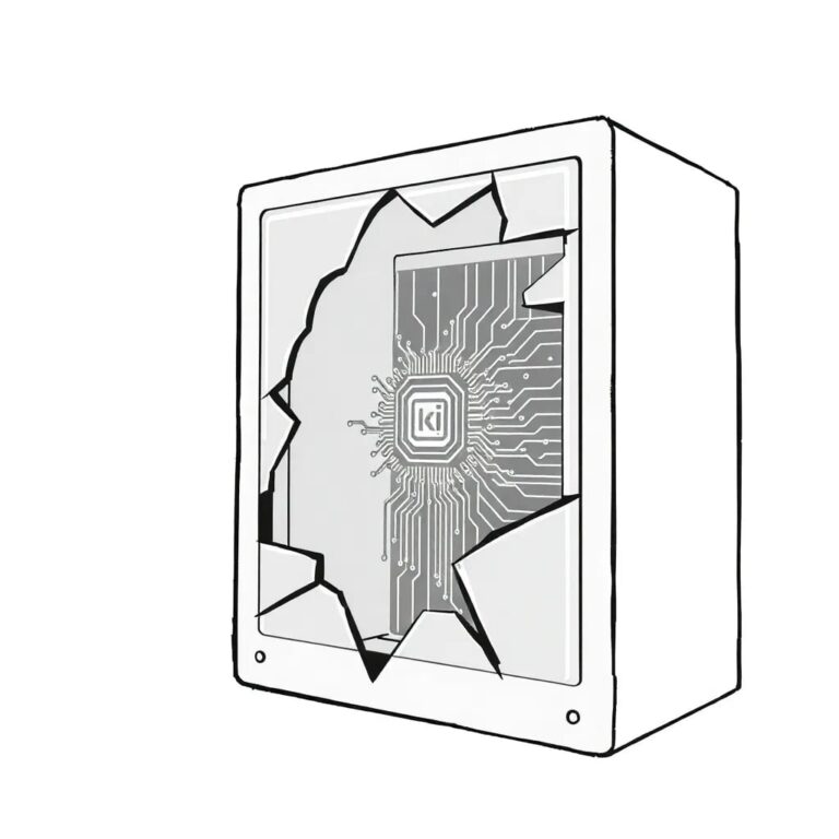 A shattered glass data server with a glowing AI circuit board embedded within
