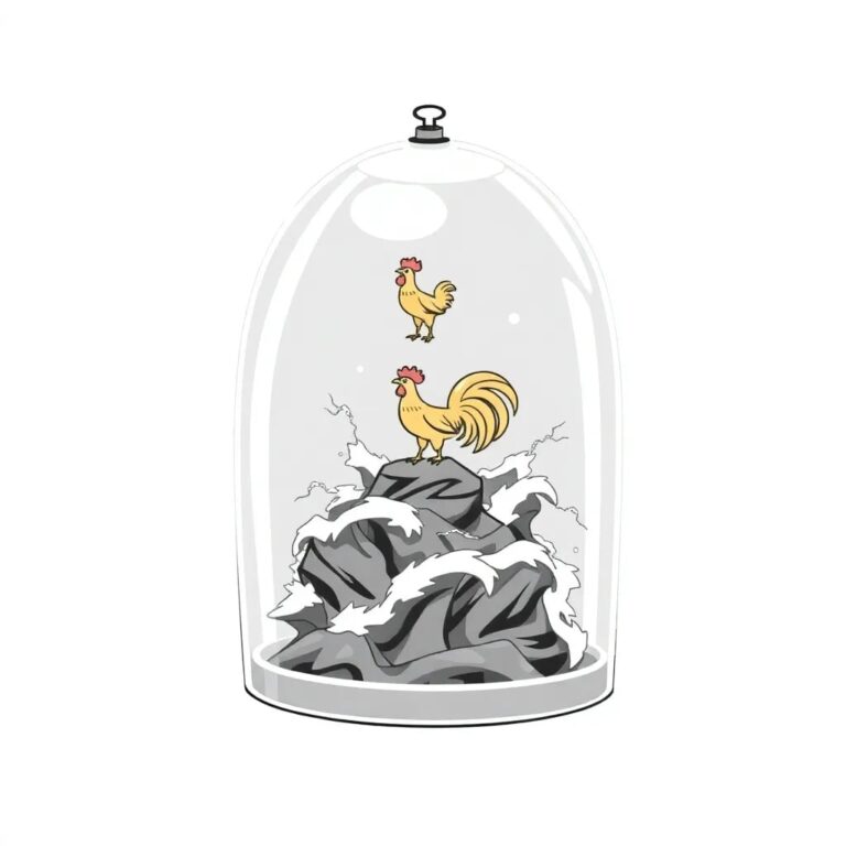 A futuristic, translucent glass dome containing a swirling digital storm, with a small, golden statue of a rooster perched on top.