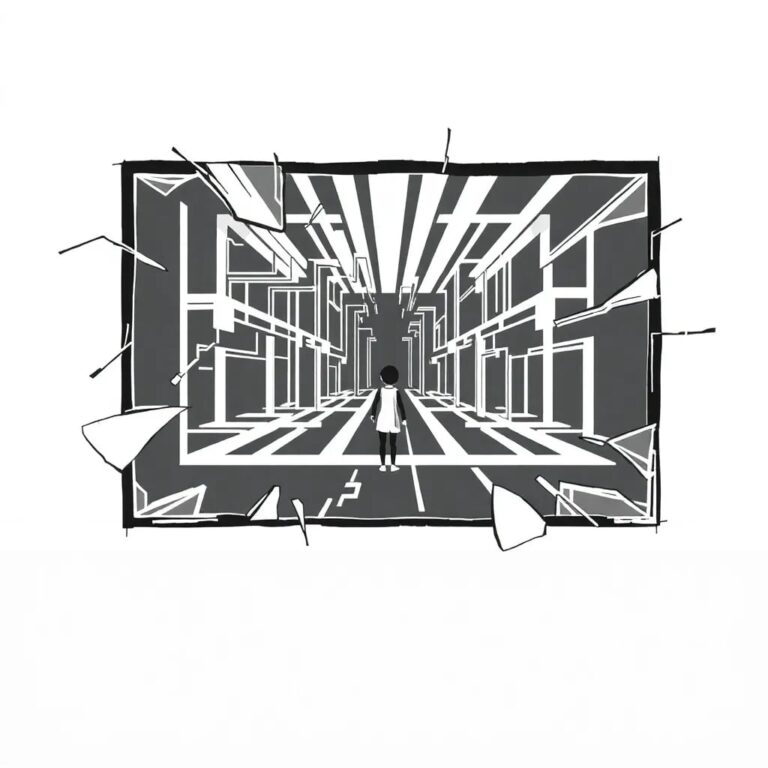 A shattered glass screen displaying a digital labyrinth with a single, glowing AI node wandering aimlessly