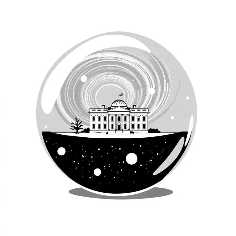 A futuristic, transparent glass orb containing a swirling, digital galaxy, with a small, intricate model of the White House at its core.