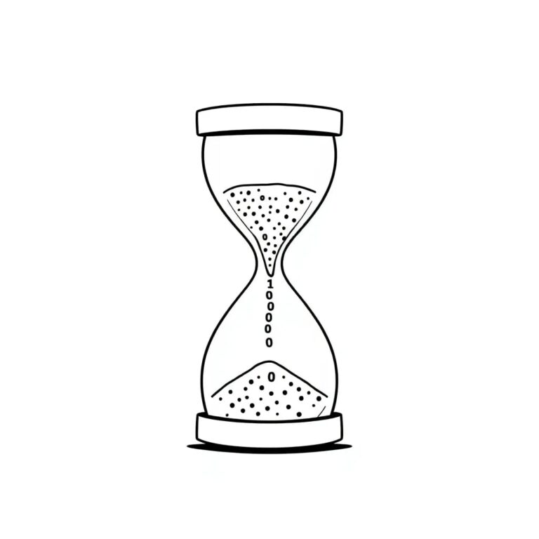 A digital hourglass with flowing binary code instead of sand