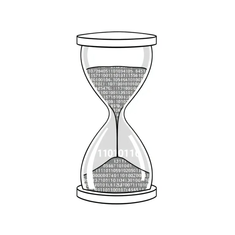 A digital hourglass with sand made of binary code, where the top half is full and the bottom half is rapidly filling, symbolizing the urgency of the regulatory gap in AI.