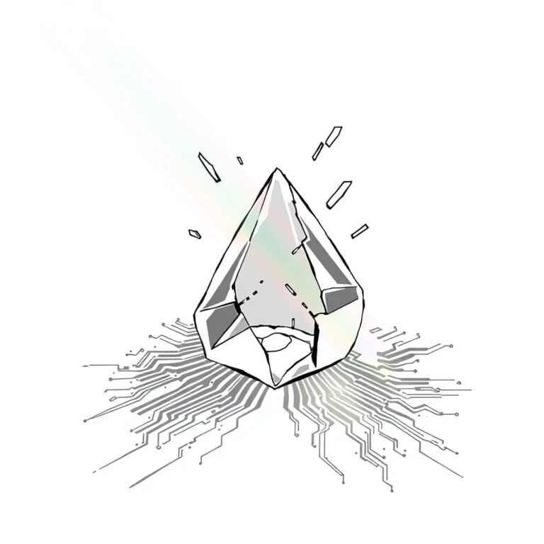 A shattered crystal prism reflecting a fragmented rainbow onto a digital circuit board