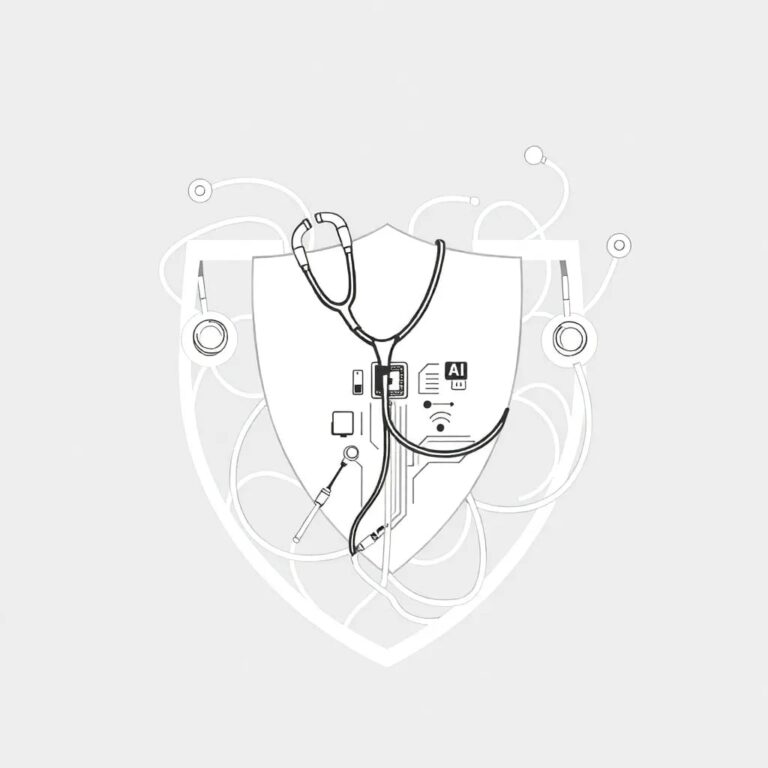A stylized, interconnected web of medical stethoscopes and AI circuit boards, woven into the shape of a shield