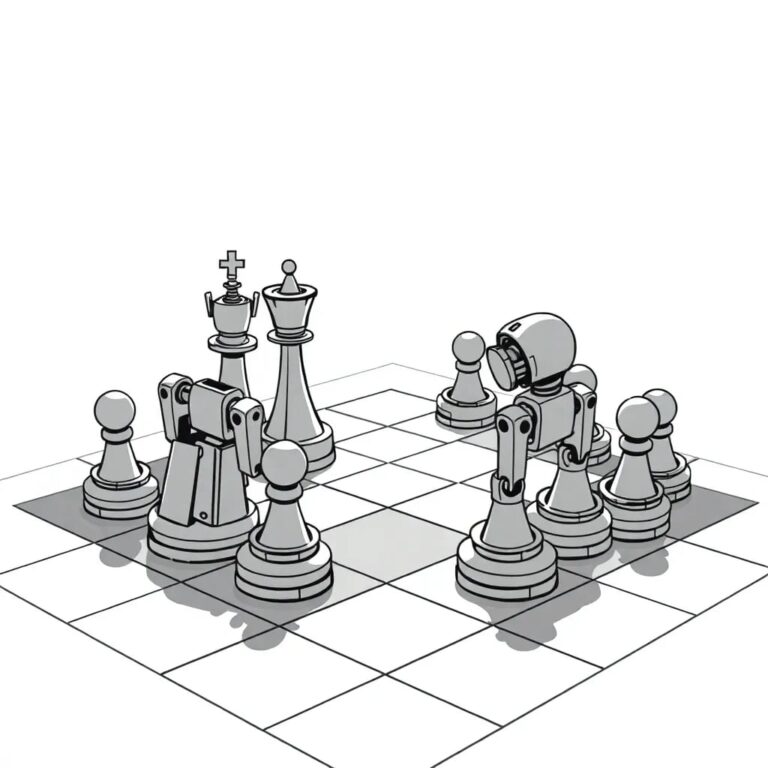 A futuristic, half-assembled chessboard with AI-driven robotic pieces that move unpredictably, some pieces glowing with uncertain, flickering lights.