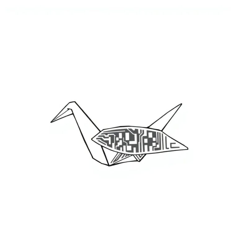 A traditional Japanese origami crane with one wing replaced by a circuit board