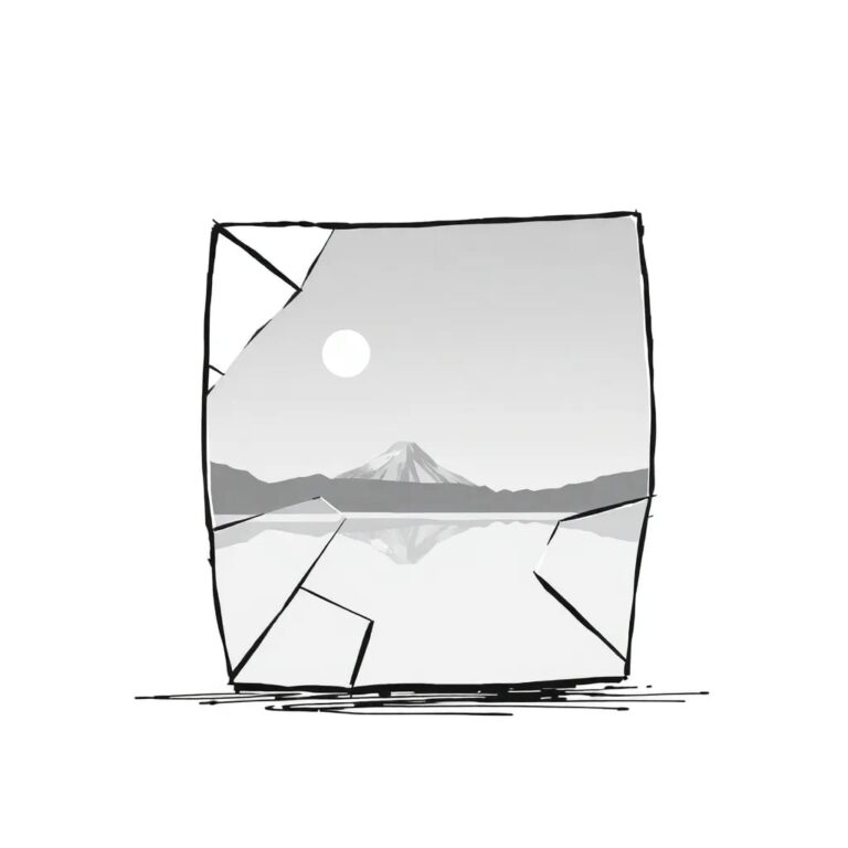 A shattered glass mirror reflecting a digital landscape