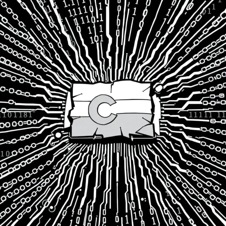 A shattered digital circuit board with a Colorado state flag embedded within it, surrounded by a swirling vortex of binary code