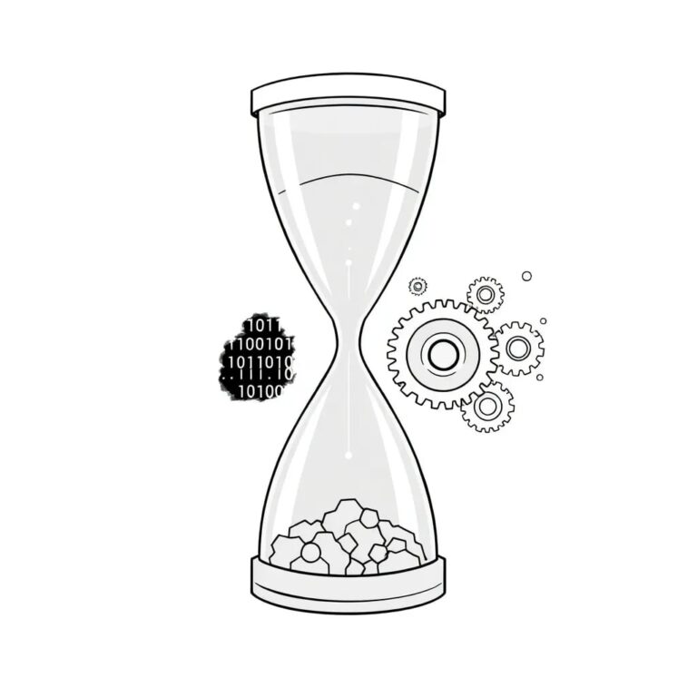 A futuristic, dual-faced hourglass with one side filled with glowing binary code and the other with scattered, unorganized gears