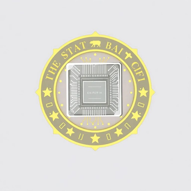 A futuristic, transparent AI chip embedded in a golden California state seal, glowing with pulsating circuits.