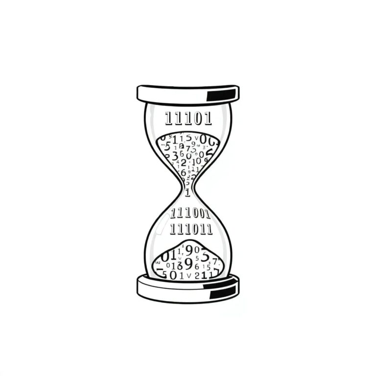 A digital hourglass filled with binary code