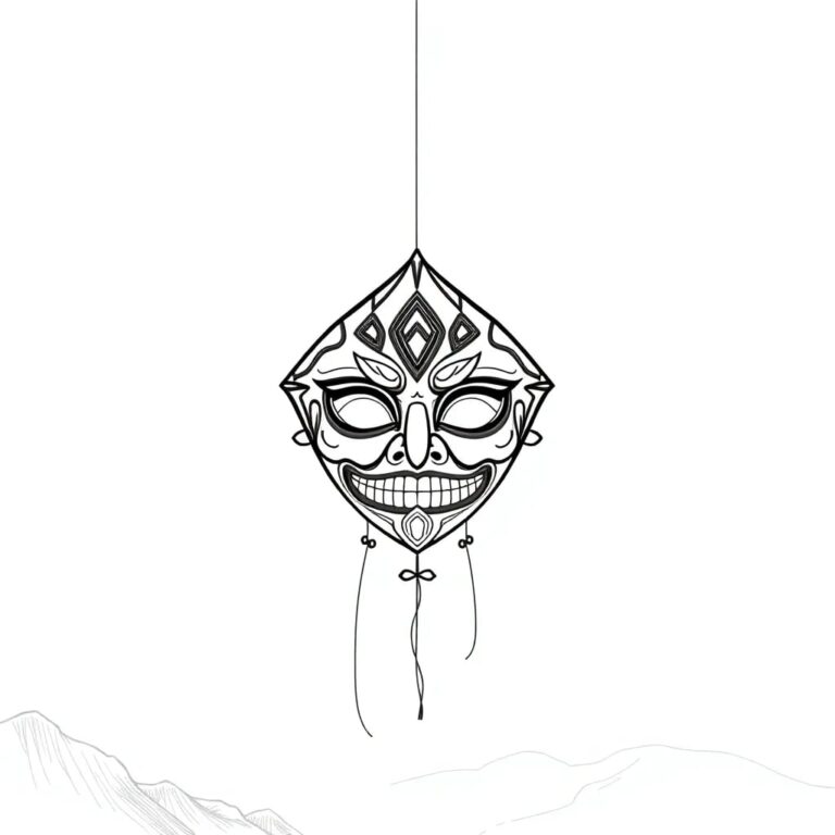 A high-tech, intricately designed kite shaped like a traditional Korean mask, with strings representing regulatory guidelines and compliance protocols, soaring above a digital landscape.