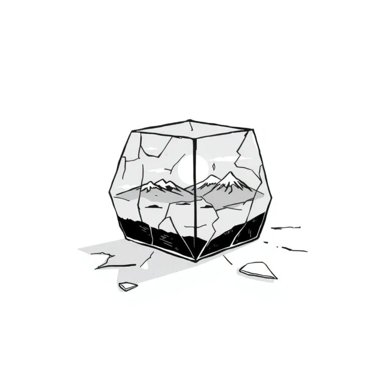 A shattered glass prism reflecting a digital landscape