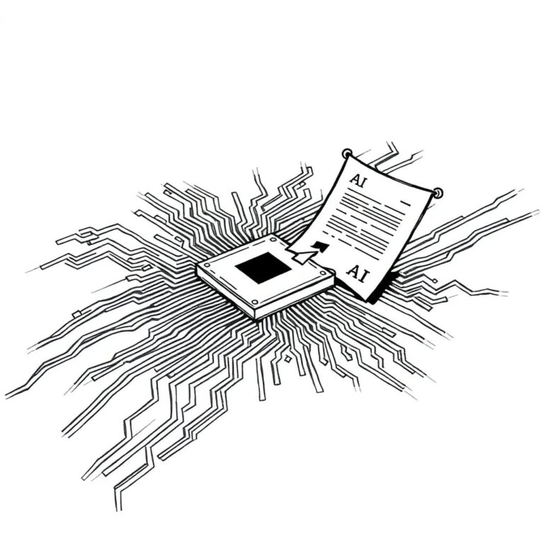 A fractured digital circuit board with a glowing AI chip and a compliance document stuck in its broken path