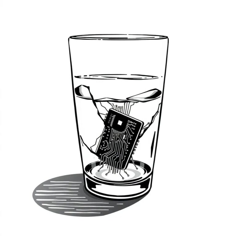 A shattered, half-filled glass of water with a digital circuit board embedded within it