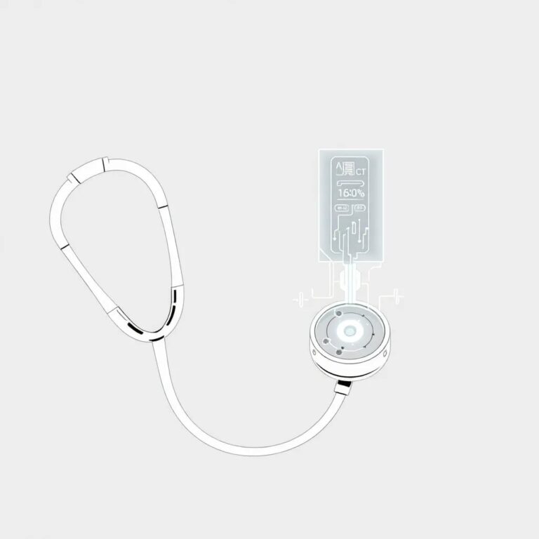 A futuristic, transparent stethoscope with glowing AI circuits inside, connected to a holographic interface displaying real-time patient data and diagnostic suggestions.