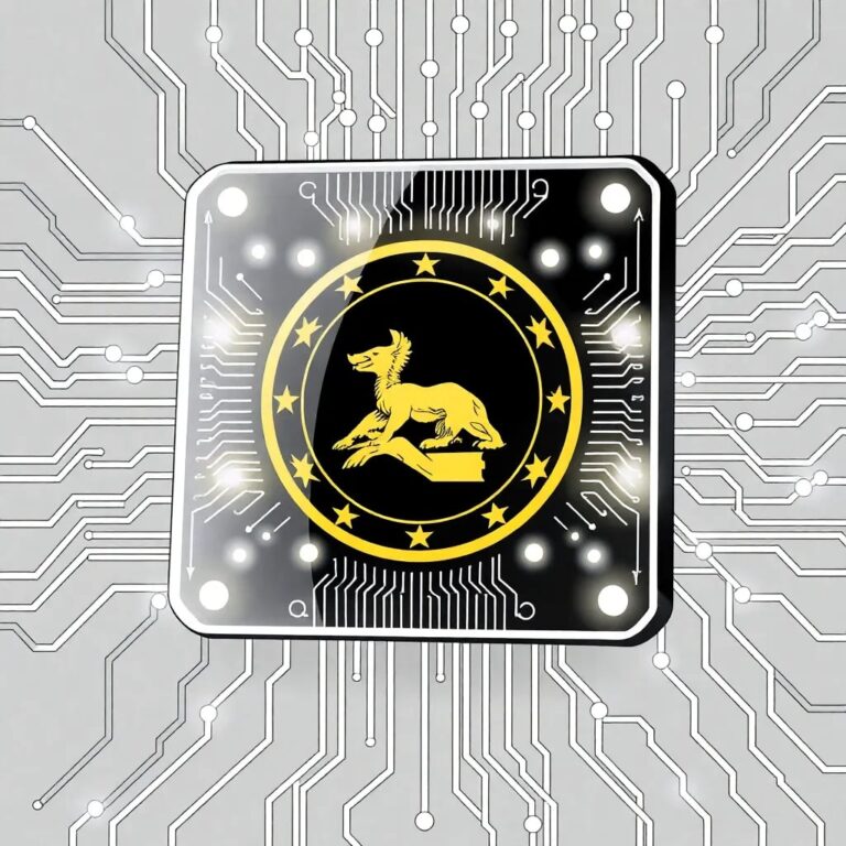 A futuristic, transparent AI circuit board embedded with a golden California state seal, glowing with pulsating lights, and surrounded by a network of interconnected, ethically coded algorithms.