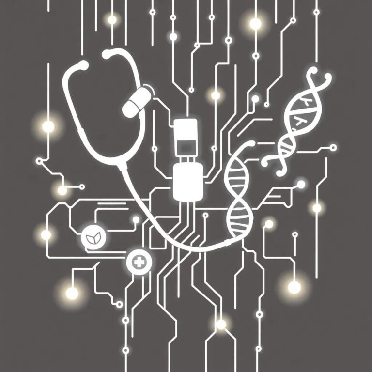 A stylized, interconnected web of medical symbols (stethoscope, pill, DNA helix) woven into a digital circuit board, glowing softly with integrated LED lights.