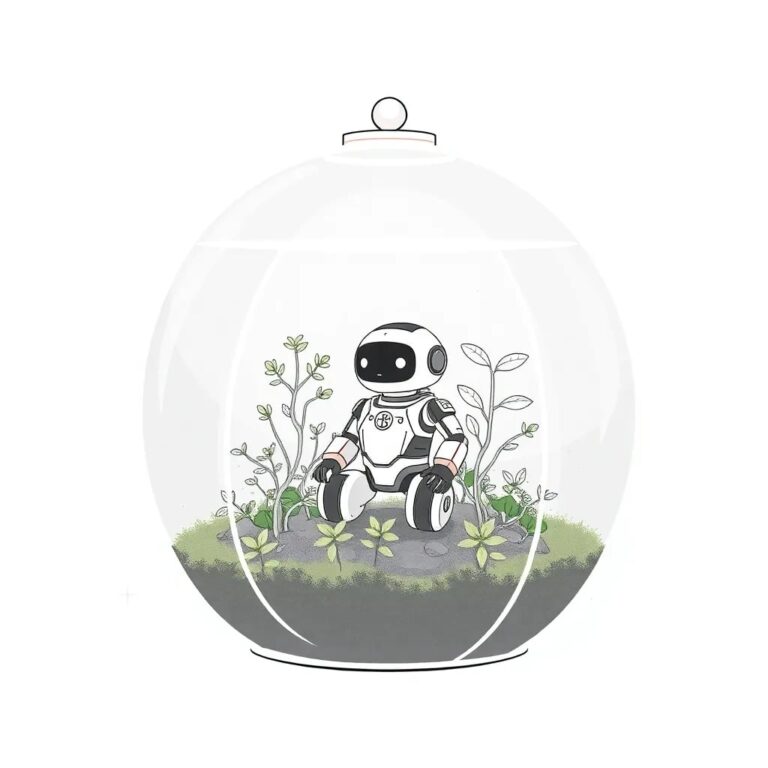 A finely crafted, multi-layered, glass terrarium with a small, intricate AI robot inside, surrounded by lush, controlled greenery, and a subtle, glowing network of LED lights representing data pathways.