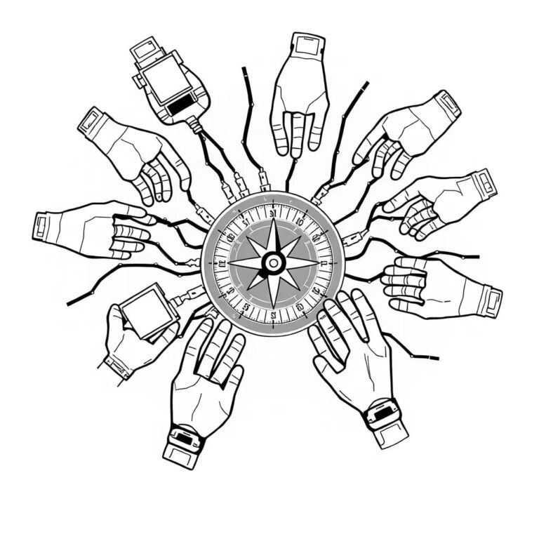 A complex, interconnected web of mechanical hands, each holding a different AI algorithm, collectively steering a single, illuminated compass needle towards a shared destination.