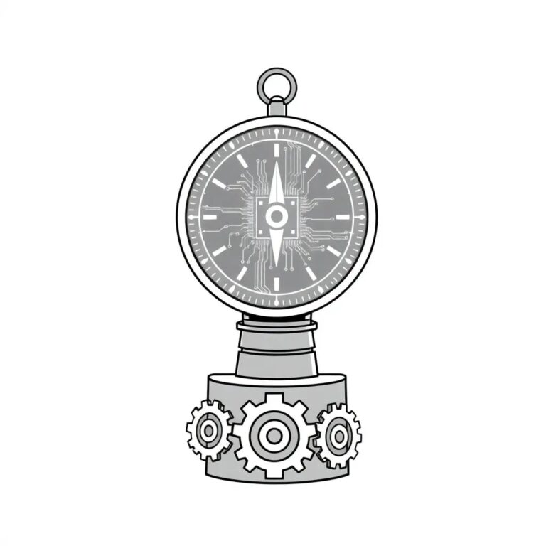 A digital compass with a glowing AI circuit board as its needle, mounted on a pedestal made of interlocking gears representing different government departments.