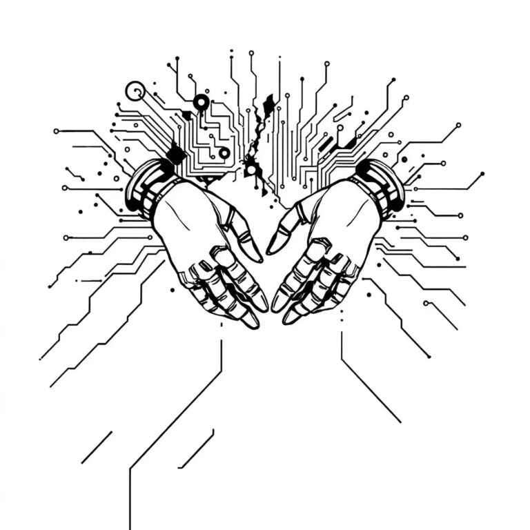 A shattered digital circuit board with a pair of broken, intertwined robotic hands reaching towards each other