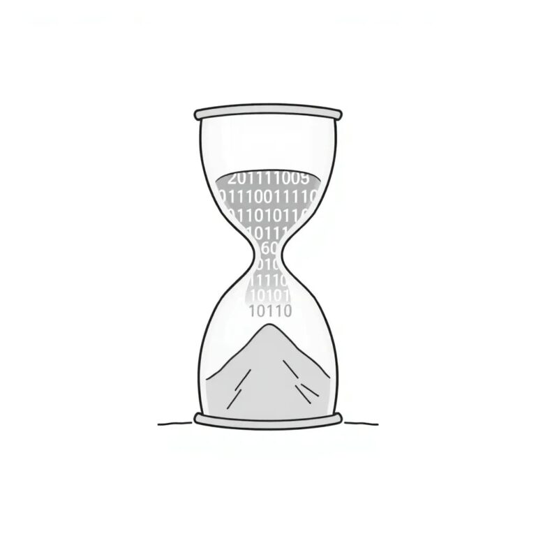 A digital hourglass filled with binary code, slowly shifting from a cloud-shaped container to a solid, island-shaped base
