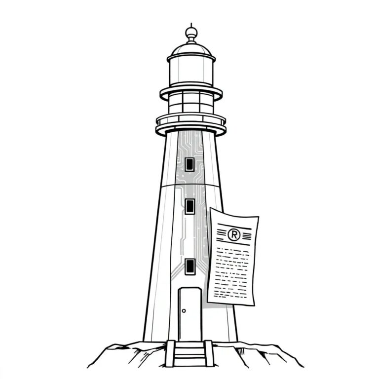 A futuristic lighthouse with a rotating beacon that alternates between a digital circuit board and a regulatory document