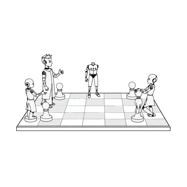 A holographic chessboard with pieces that morph between human and AI figures as they move.
