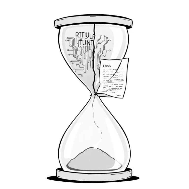 A fractured hourglass with one half filled with digital circuits and the other with regulatory documents, both halves held together by a delicate, glowing thread.