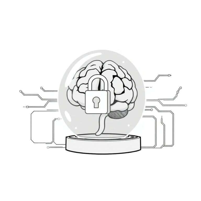 A futuristic, transparent AI brain encased in a glass vault with a digital lock, surrounded by a network of interconnected, glowing circuits that pulse with data.