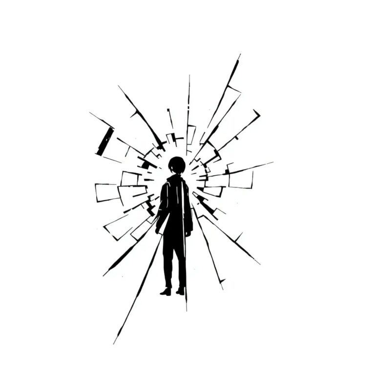 A shattered digital mirror reflecting a fragmented, pixelated human figure