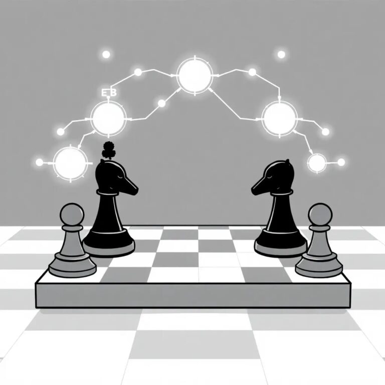 A chessboard with AI-controlled pieces facing off against human-controlled pieces, where the AI pieces are connected by glowing neural networks.