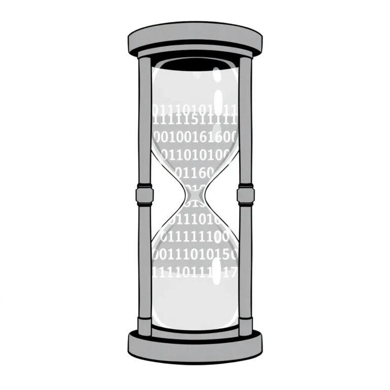 A digital hourglass filled with glowing binary code