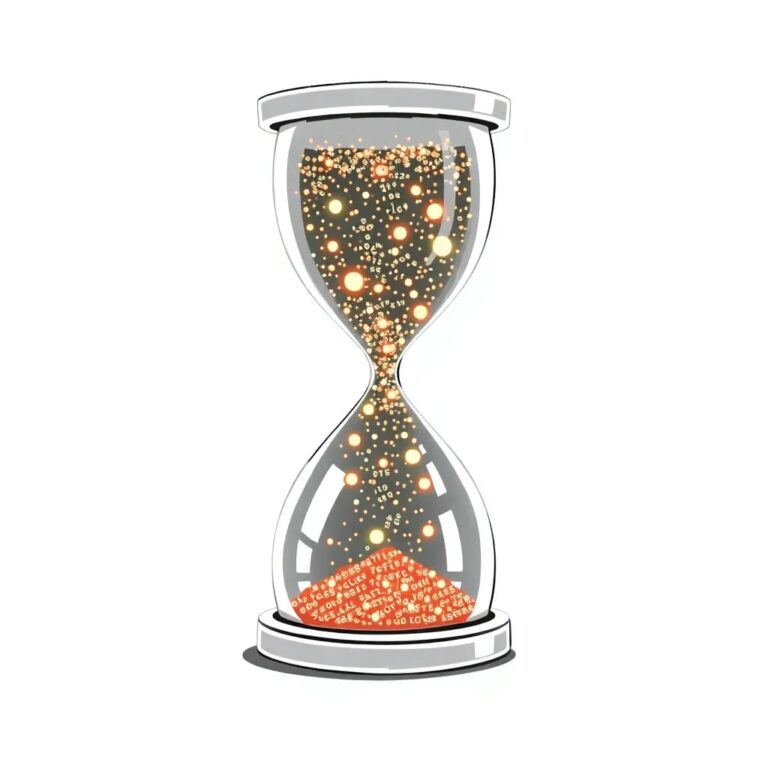 A meticulously crafted, transparent hourglass filled with shimmering, multi-colored digital code particles that flow smoothly and evenly between the two glass bulbs.