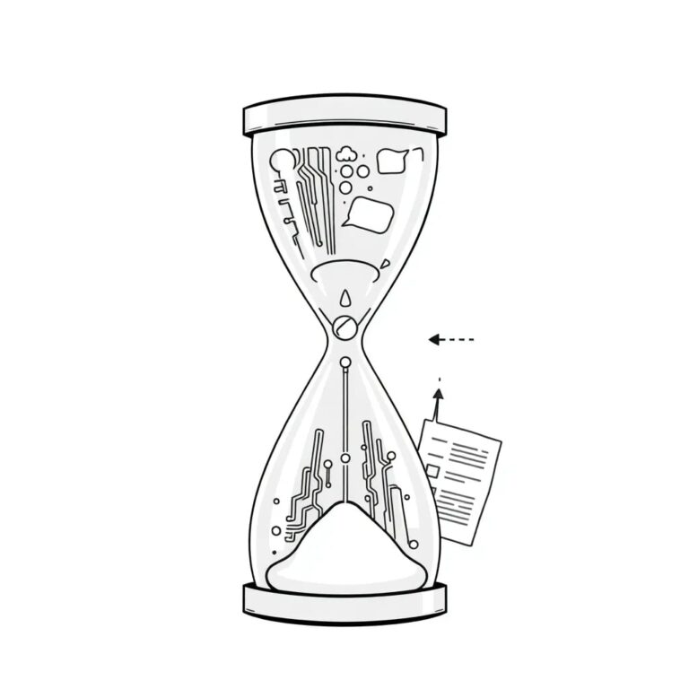 A futuristic, dual-faced hourglass with one side filled with digital circuits and the other with regulatory documents, both flowing into a central AI processor.
