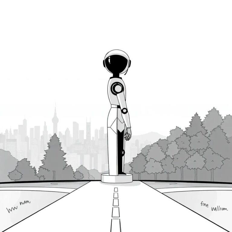 A futuristic, dual-headed statue of a human and an AI robot, standing at a crossroads with one path leading to a digital cityscape and the other to a lush, natural forest.