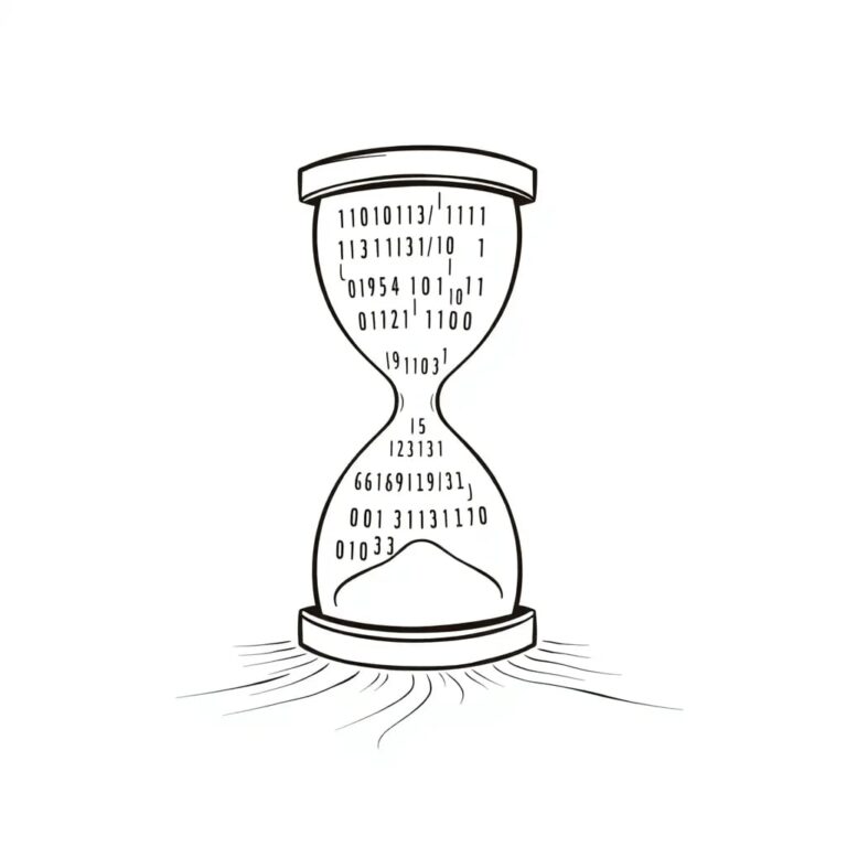 A digital hourglass filled with binary code that transitions into a flowing river of data