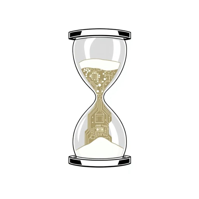 A digital hourglass with a glowing AI circuit board as the sand